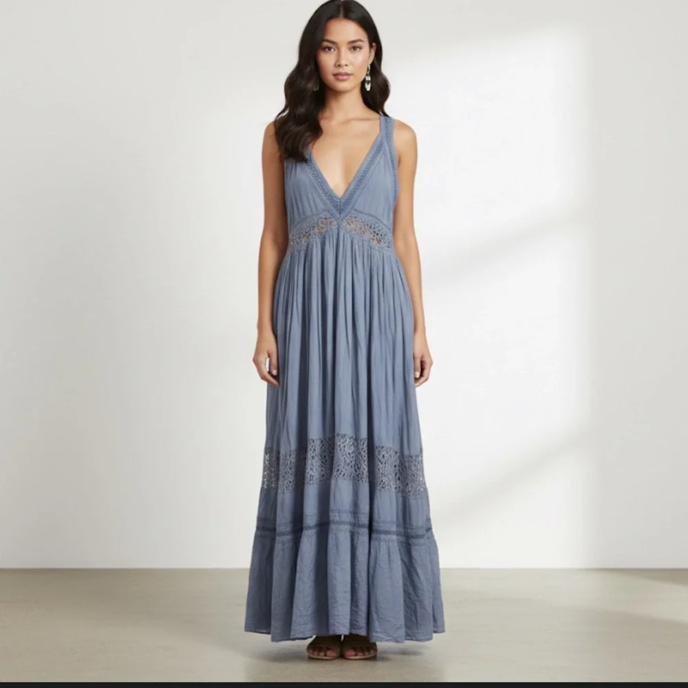 Free People Dusty Blue Sleeveless Maxi Dress Laced Embroidered Size Small